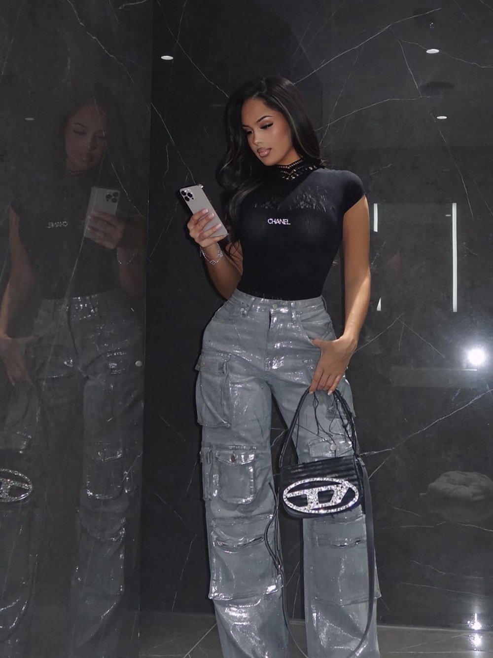 Fashion Nova Metallic Silver Wide Leg Cargo Pants